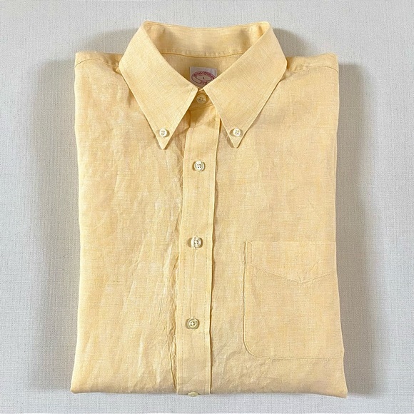 BROOKS BROTHERS 346 MEN’S 100% LINEN SHIRT YELLOW SIZE LARGE - Picture 10 of 15